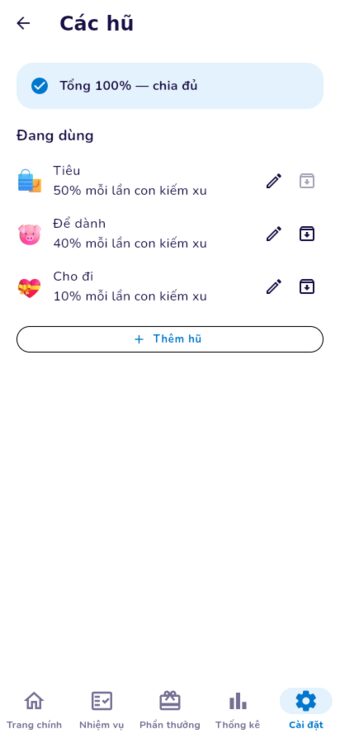 Màn hình cấu hình các hũ xu