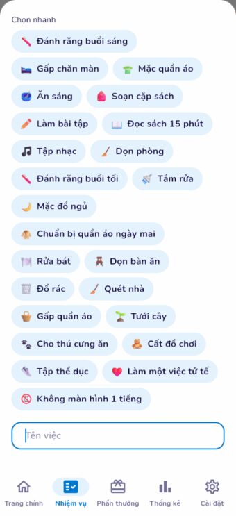 Màn hình thêm nhiệm vụ với các mẫu việc nhà chọn nhanh