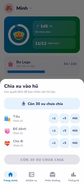 Màn chia xu vào hũ: còn 30 xu chưa chia, mỗi hũ có nút cộng 1, cộng 5 và Hết